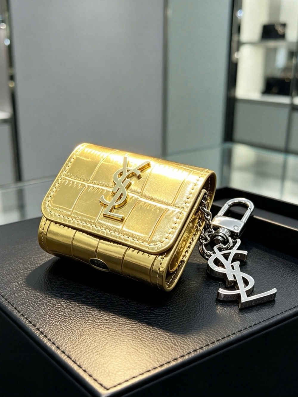 Saint Laurent Gold Croc-Embossed Key & Card Case with Logo Charm